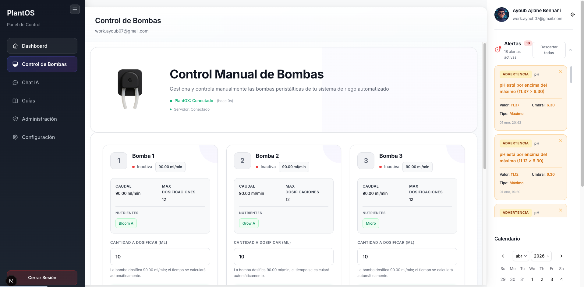 Pantalla de control manual de las bombas peristálticas en PlantOS