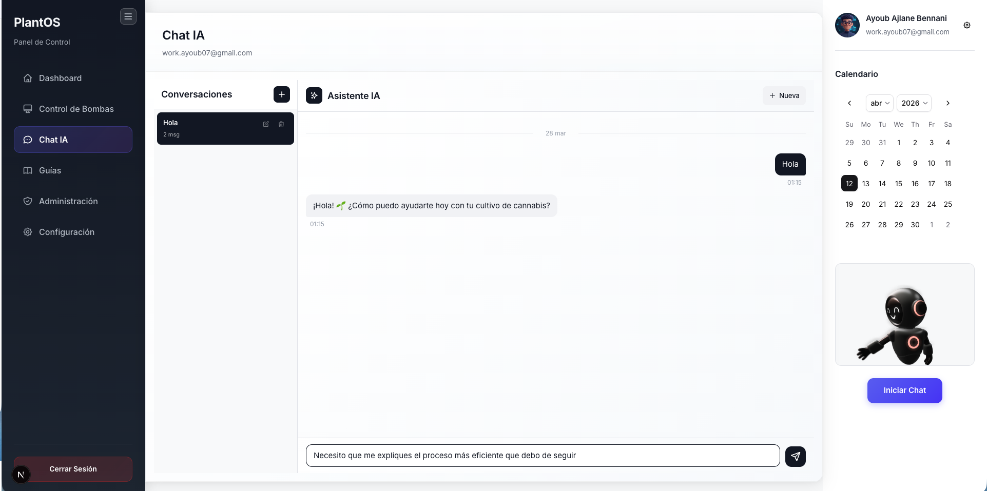 Interfaz de chat con Broto, el asistente de inteligencia artificial de PlantOS