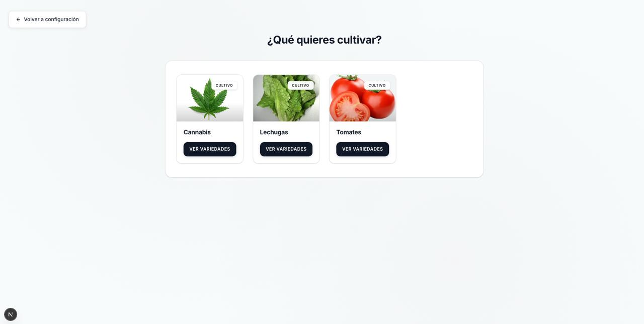 Pantalla de catálogo de variedades y selección de cultivo en PlantOS